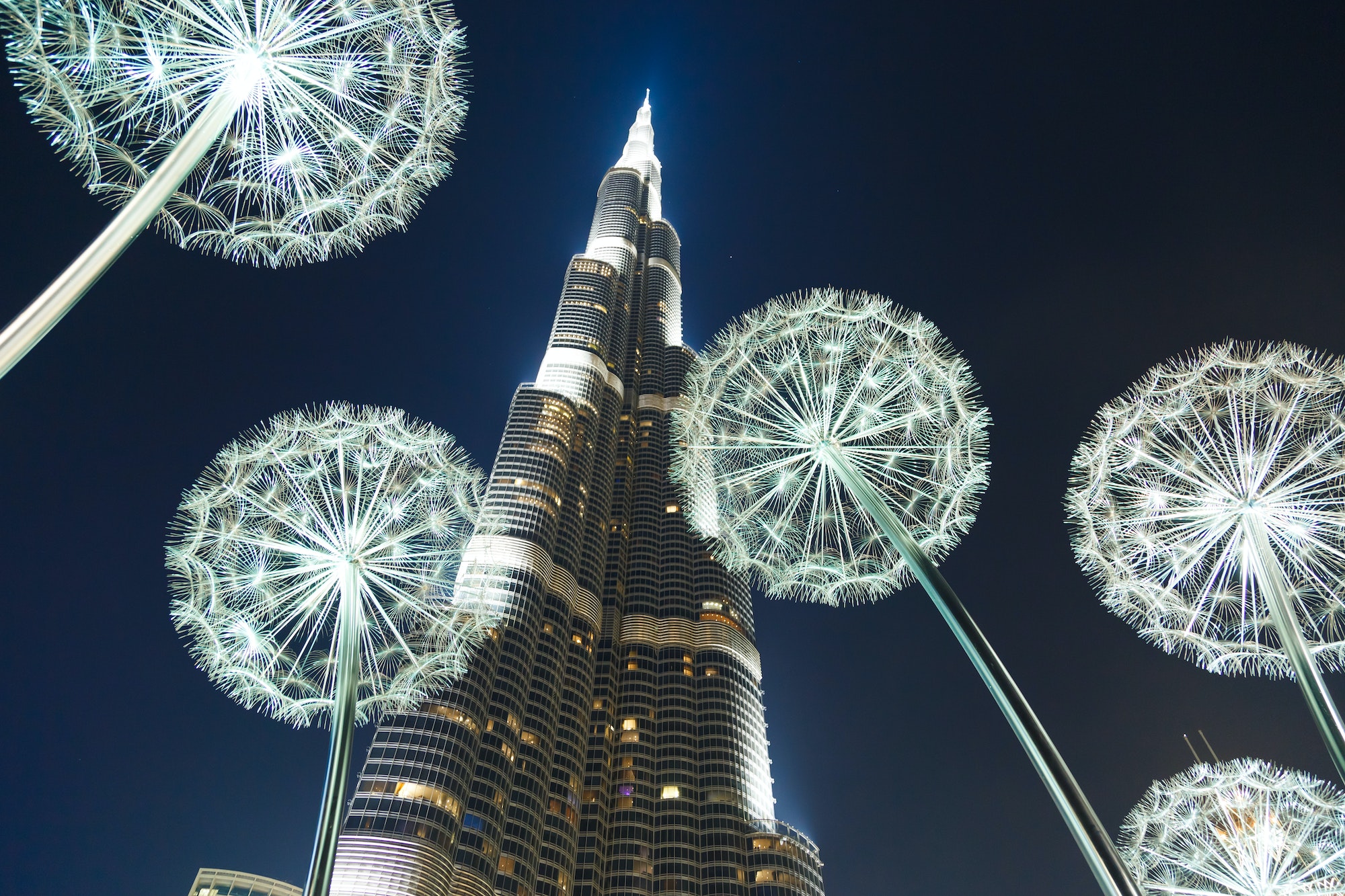 Burj Khalifa in the night against of luminous dandelions.