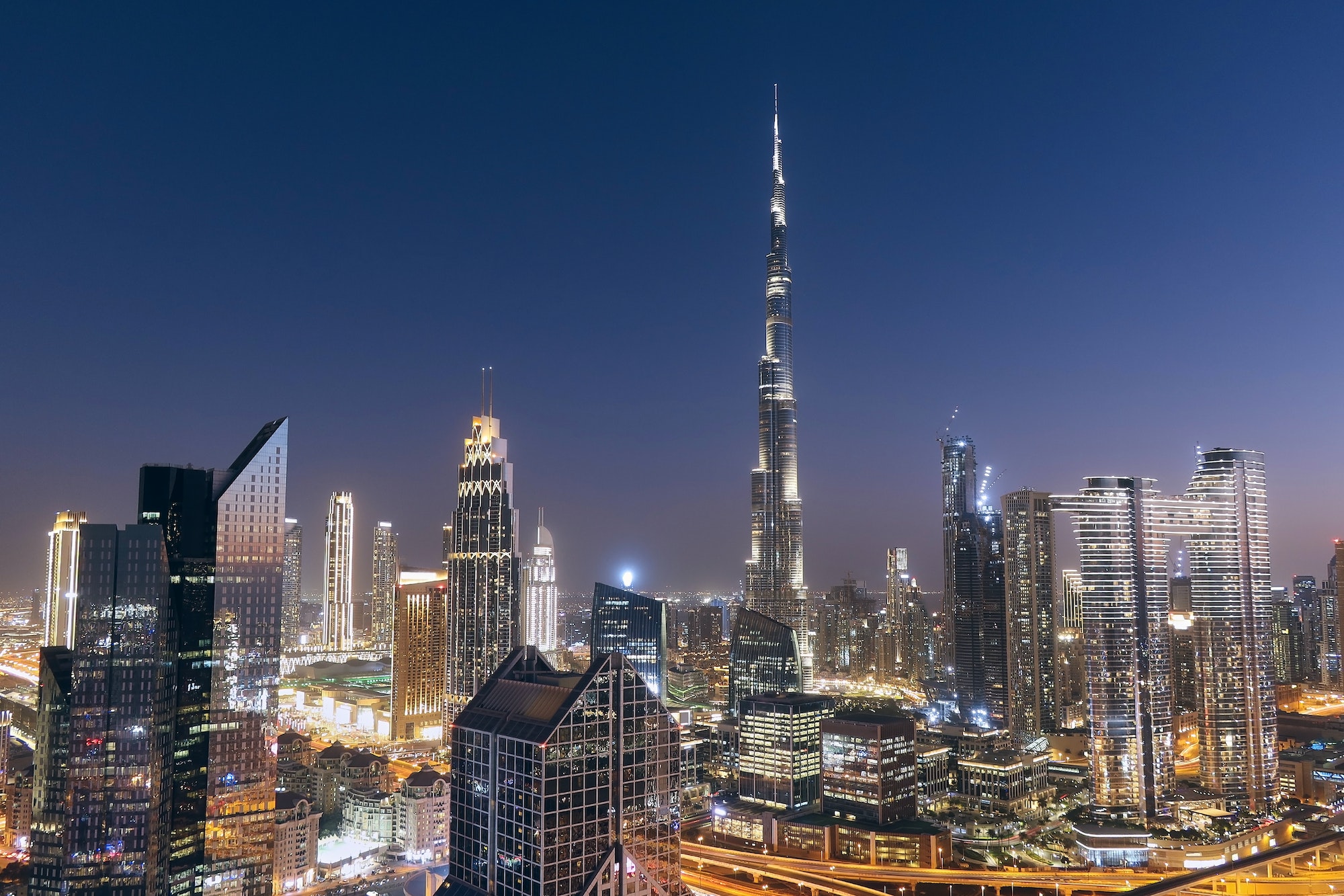 Night skyline with Burj Khalifa skyscraper. Dubai downtown, UAE.